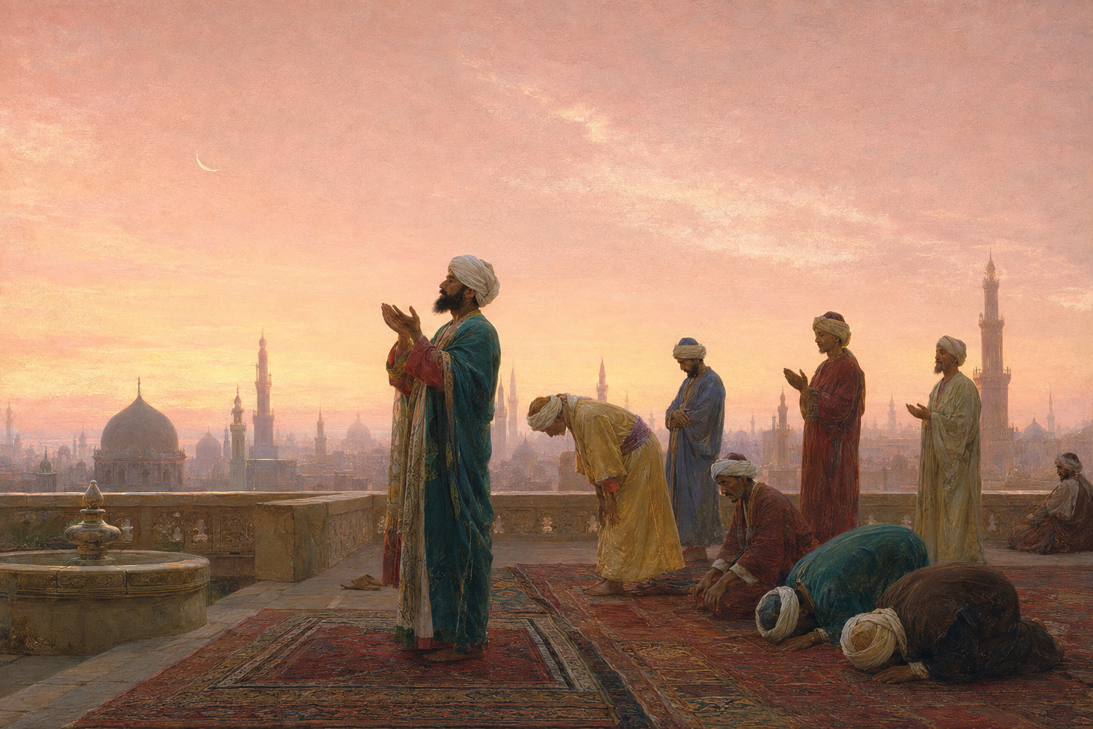 Peinture orientaliste : silhouettes en prière sur les toits du Caire à l'aube dorée