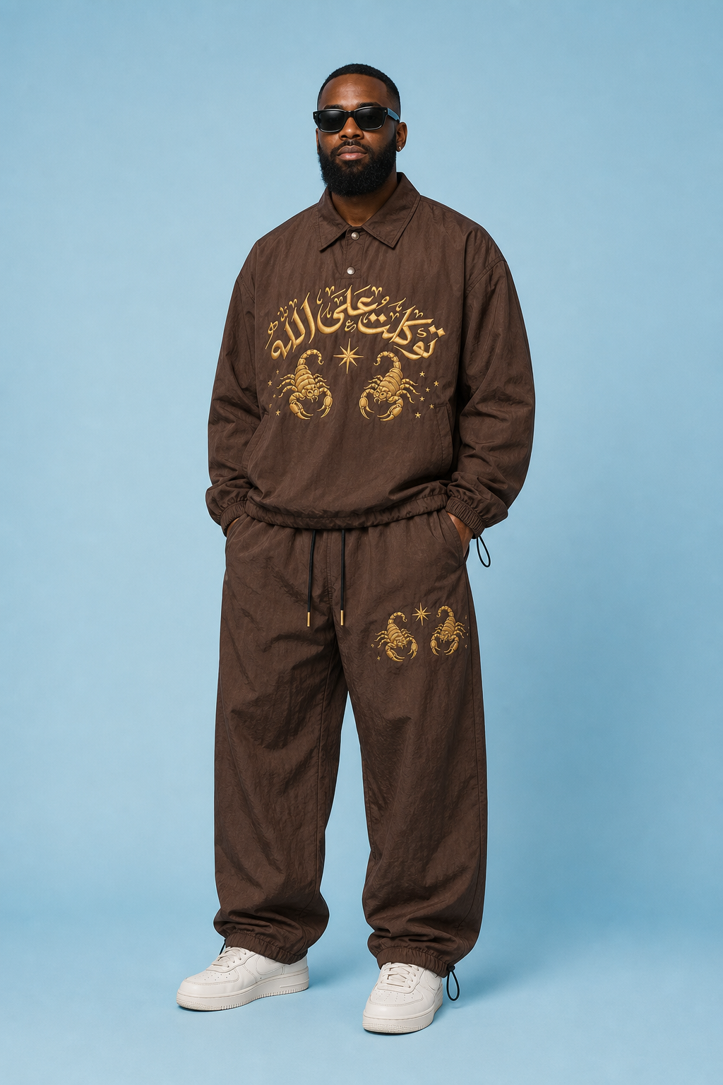 Ensemble survêtement brun brodé d'un scorpion doré et de calligraphie arabe, porté en studio