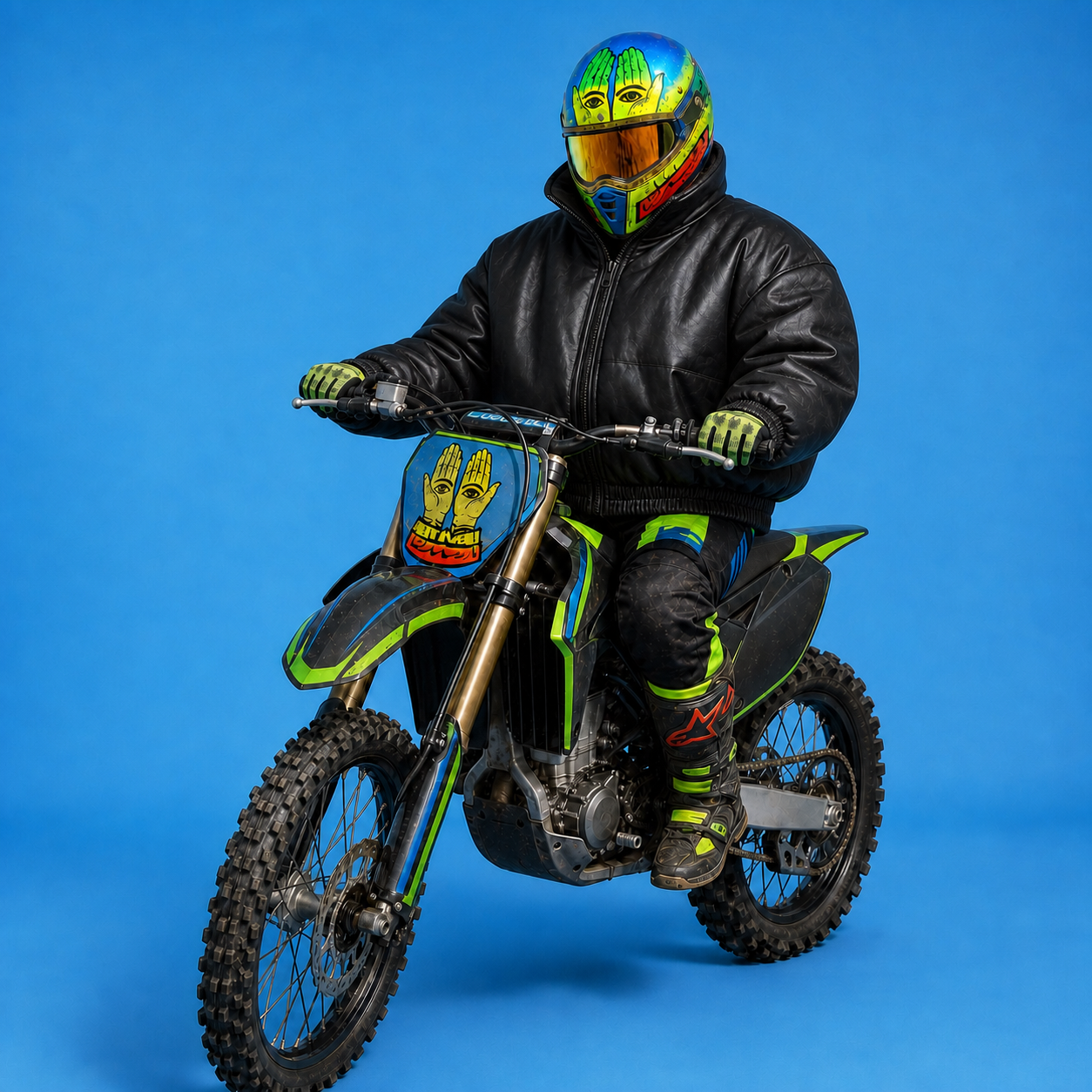 Rider Bismillah Motors sur une moto cross, casque et tenue ornés de la main protectrice